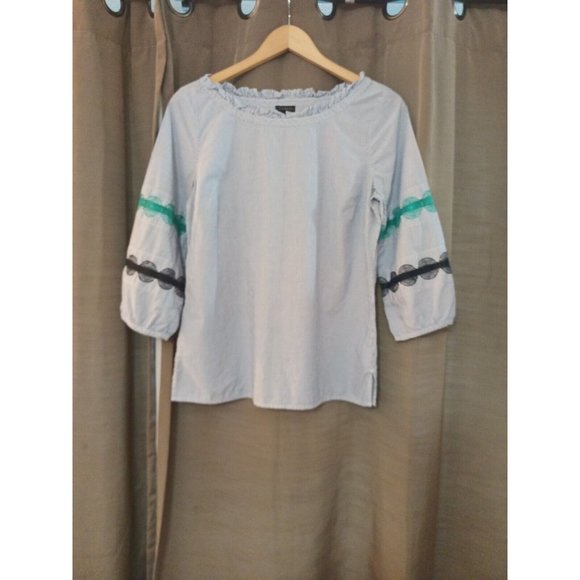Womens Talbots Dressy Blouse Striped Blue/White Cutout Embroidered sleeves Small - Picture 1 of 8